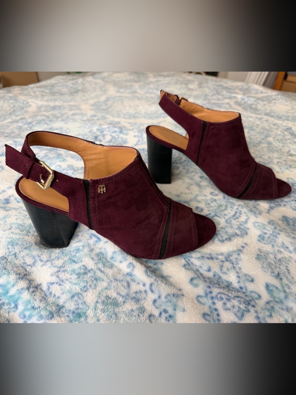 Tommy Hilfiger Eggplant Suede Peep-Toe Slingback Block Heels